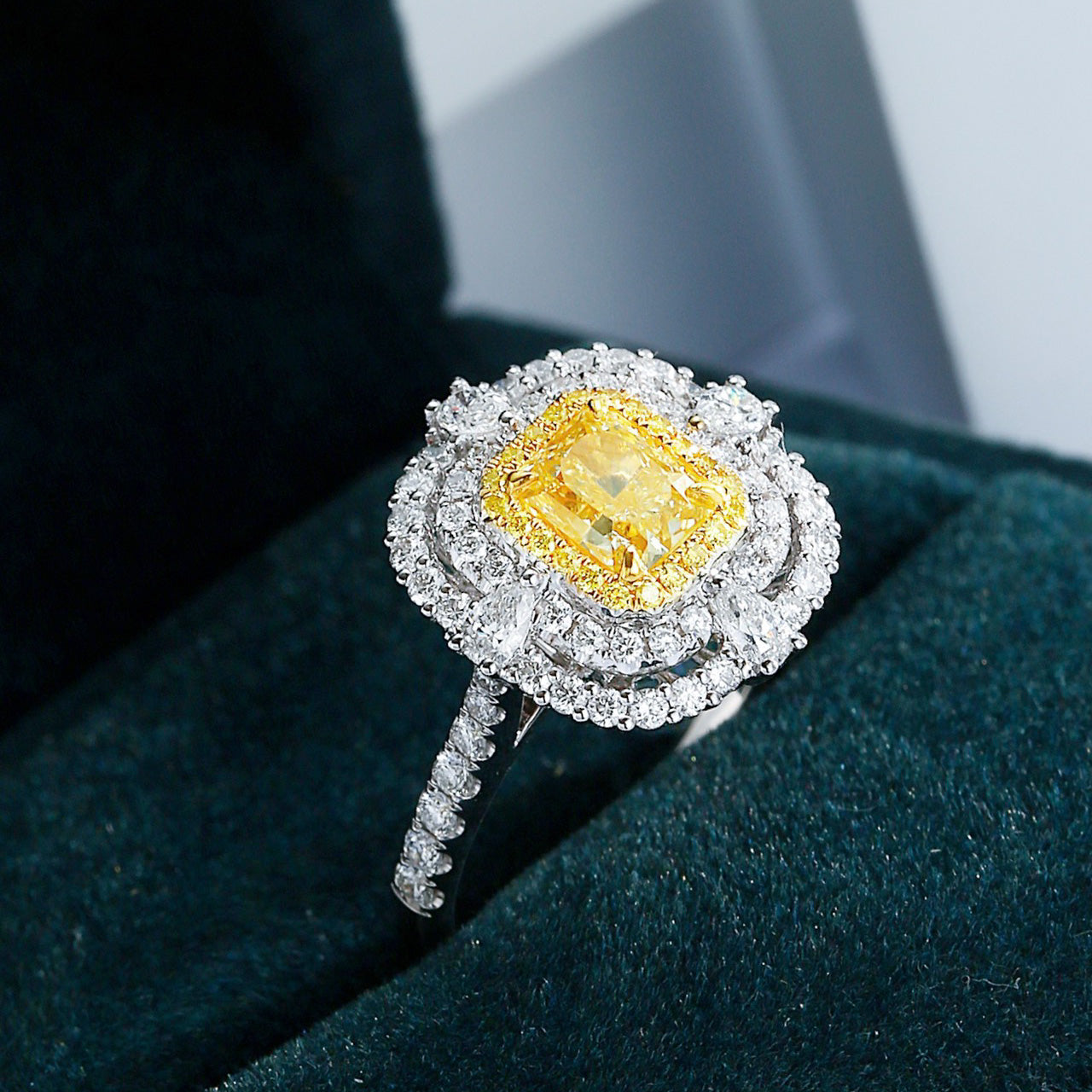 Cushion Cut Yellow Diamond Double Halo Engagement Ring with Pavé Band -Perspective Close-up