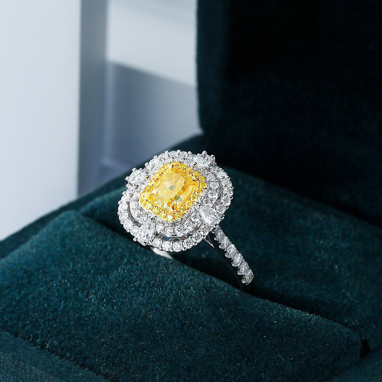 Cushion Cut Yellow Diamond Double Halo Engagement Ring with Pavé Band -In-Box Display