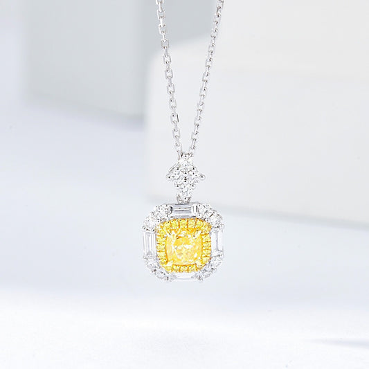 Cushion Cut Yellow Diamond Halo Pendant in 18K White Gold