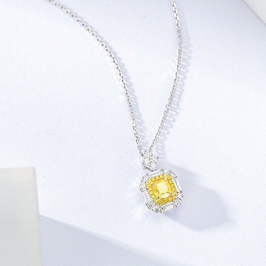 Cushion Cut Yellow Diamond Halo Pendant in 18K White Gold