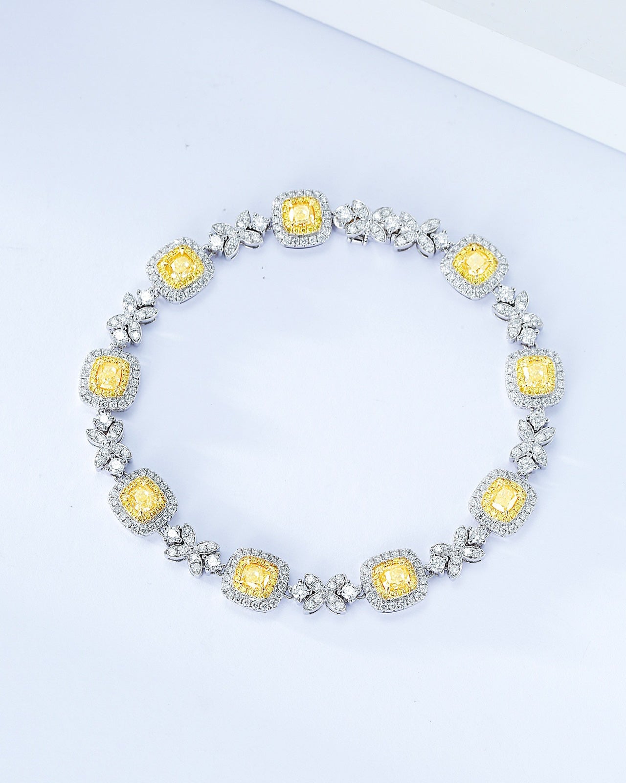 Cushion Cut Yellow Diamond Designer Bracelet in 18K White Gold -Front View