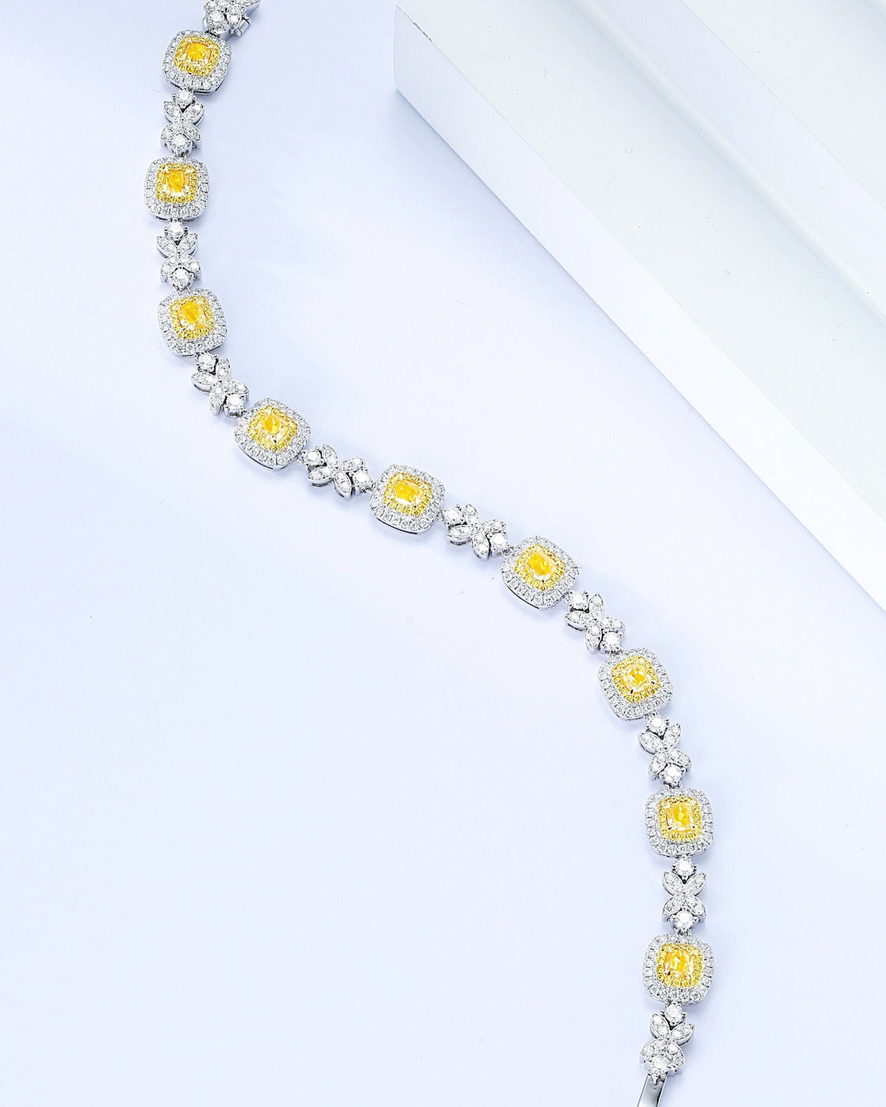 Cushion Cut Yellow Diamond Designer Bracelet in 18K White Gold -Top View