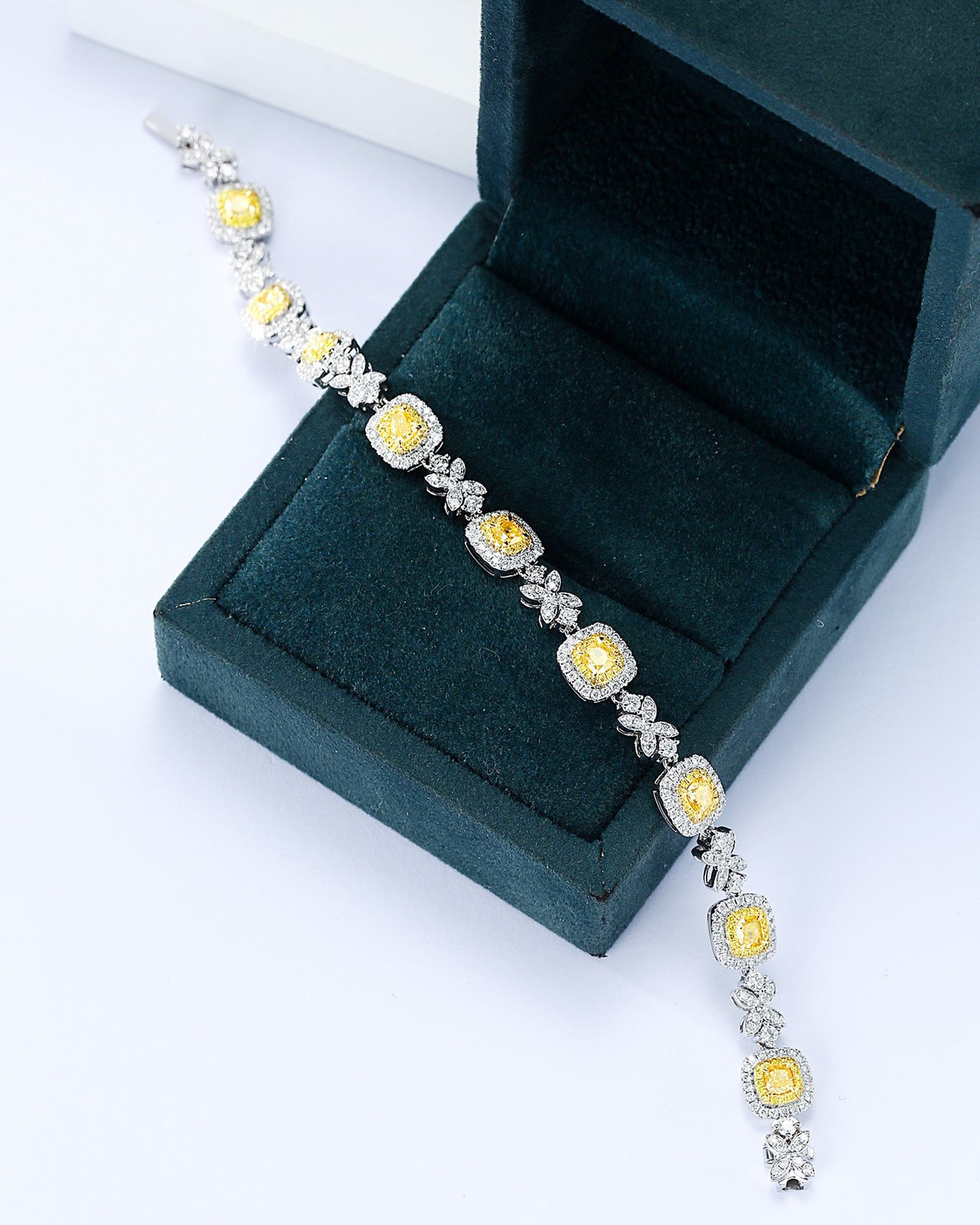 Cushion Cut Yellow Diamond Designer Bracelet in 18K White Gold -Perspective Close-up