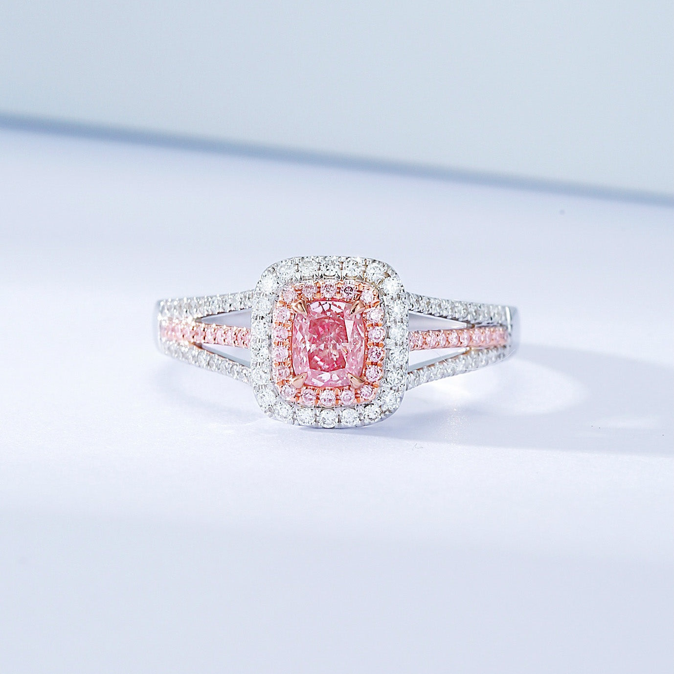 Cushion Cut Pink Diamond Ring with Double Halo and Split Shank Design -Front View