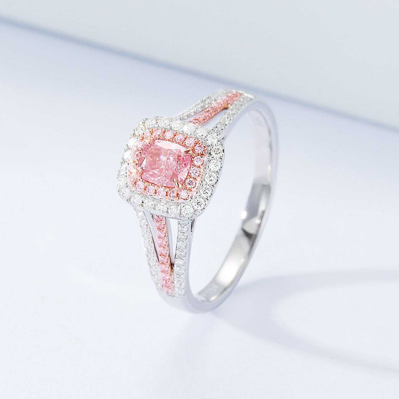 Cushion Cut Pink Diamond Ring with Double Halo and Split Shank Design -Side Angle