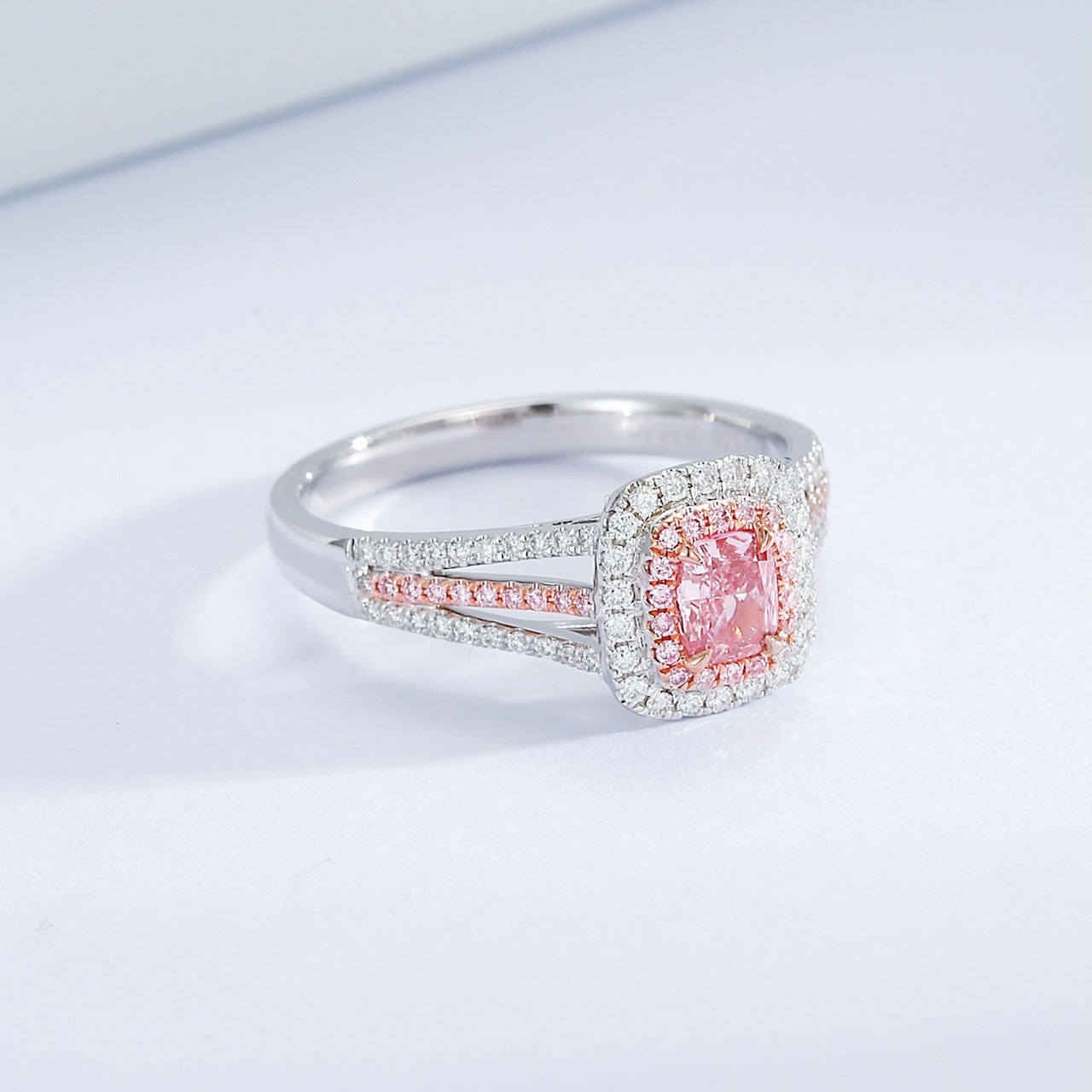 Cushion Cut Pink Diamond Ring with Double Halo and Split Shank Design -Top View