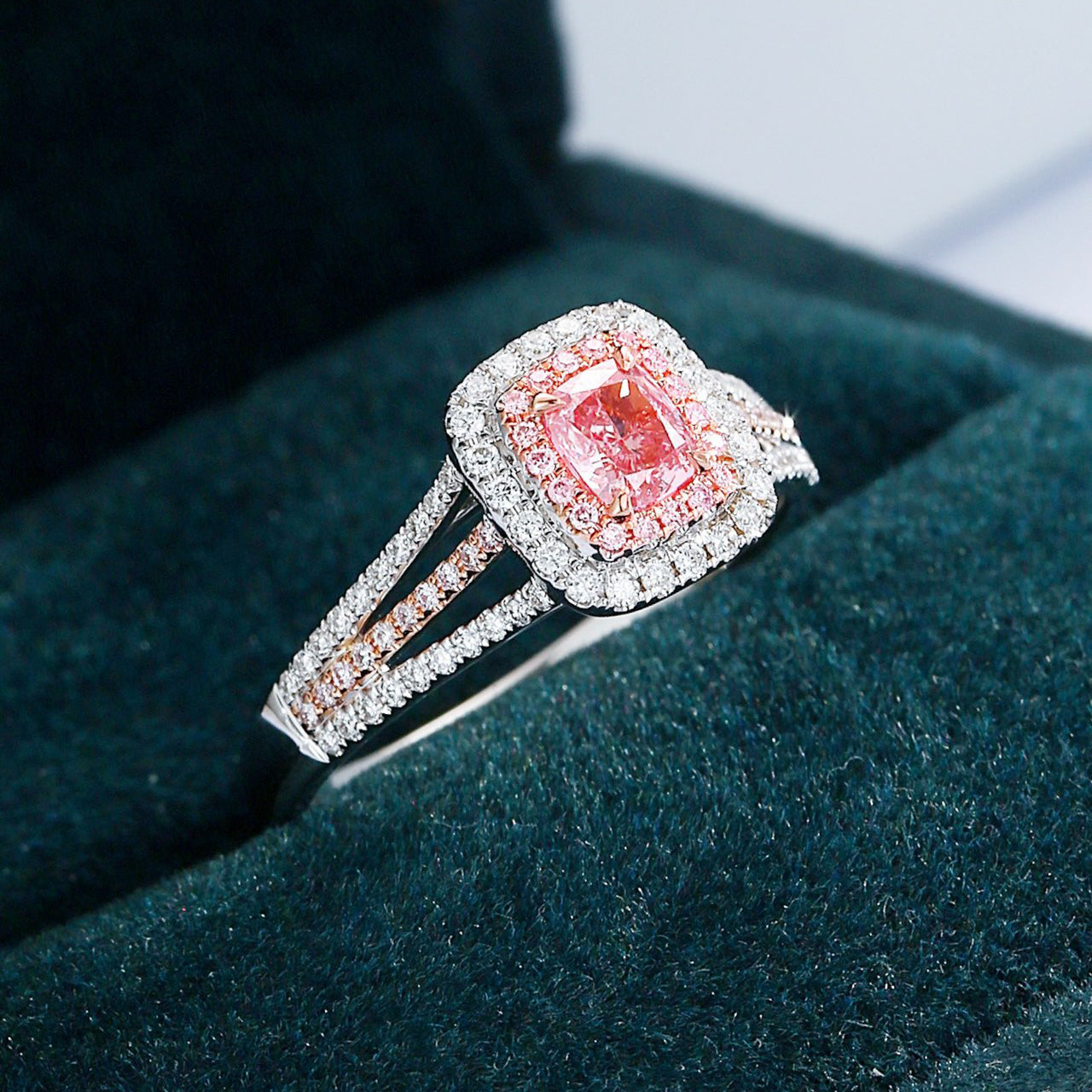 Cushion Cut Pink Diamond Ring with Double Halo and Split Shank Design -Perspective Close-up