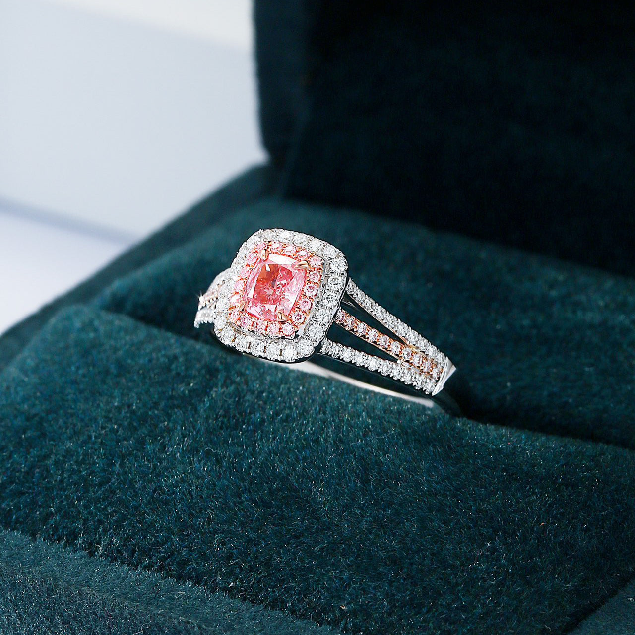 Cushion Cut Pink Diamond Ring with Double Halo and Split Shank Design -In-Box Display