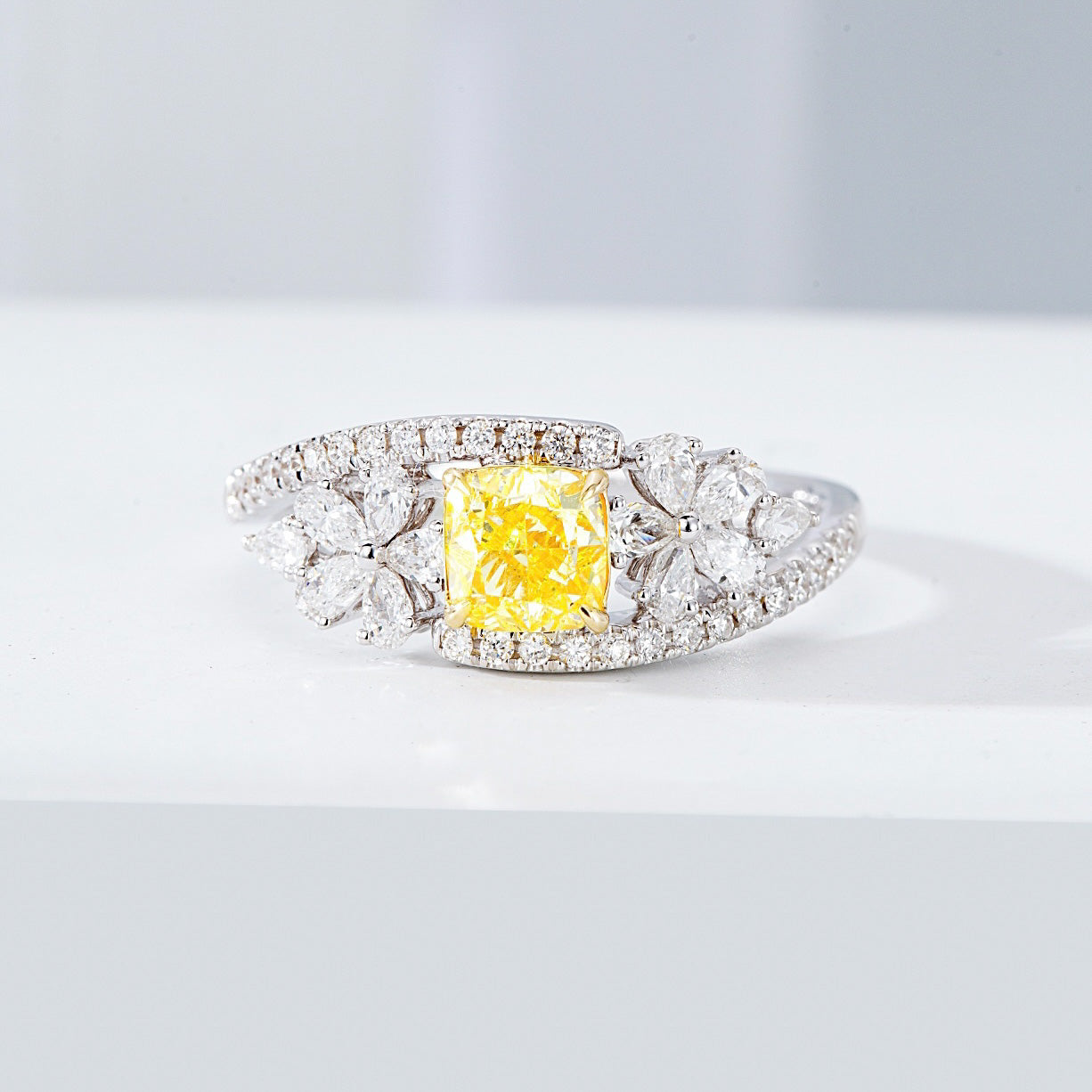 Nature Inspired Cushion Cut Yellow Diamond Ring with Floral Accents -Front View