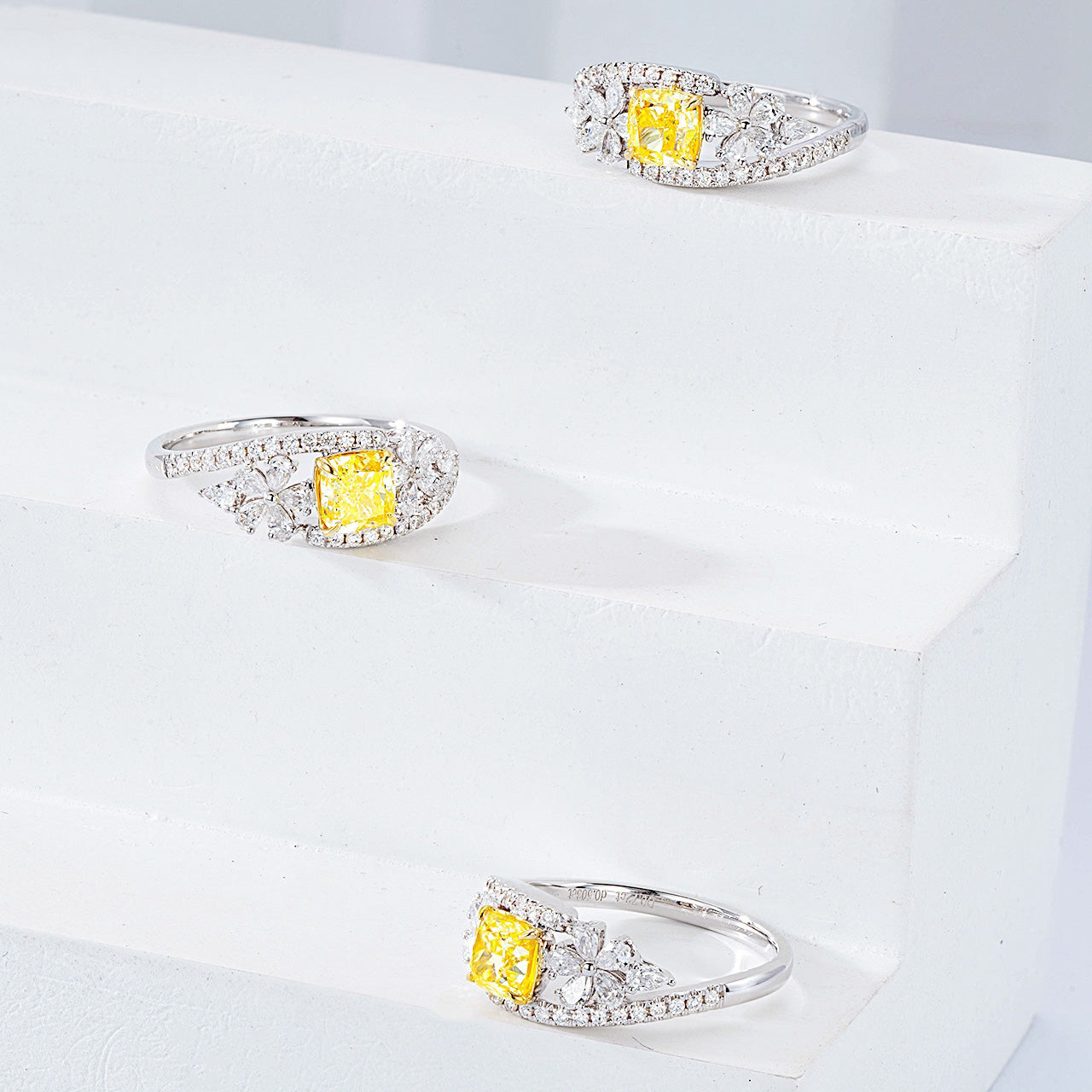 Nature Inspired Cushion Cut Yellow Diamond Ring with Floral Accents -Top View