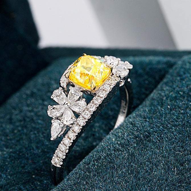 Nature Inspired Cushion Cut Yellow Diamond Ring with Floral Accents -Perspective Close-up