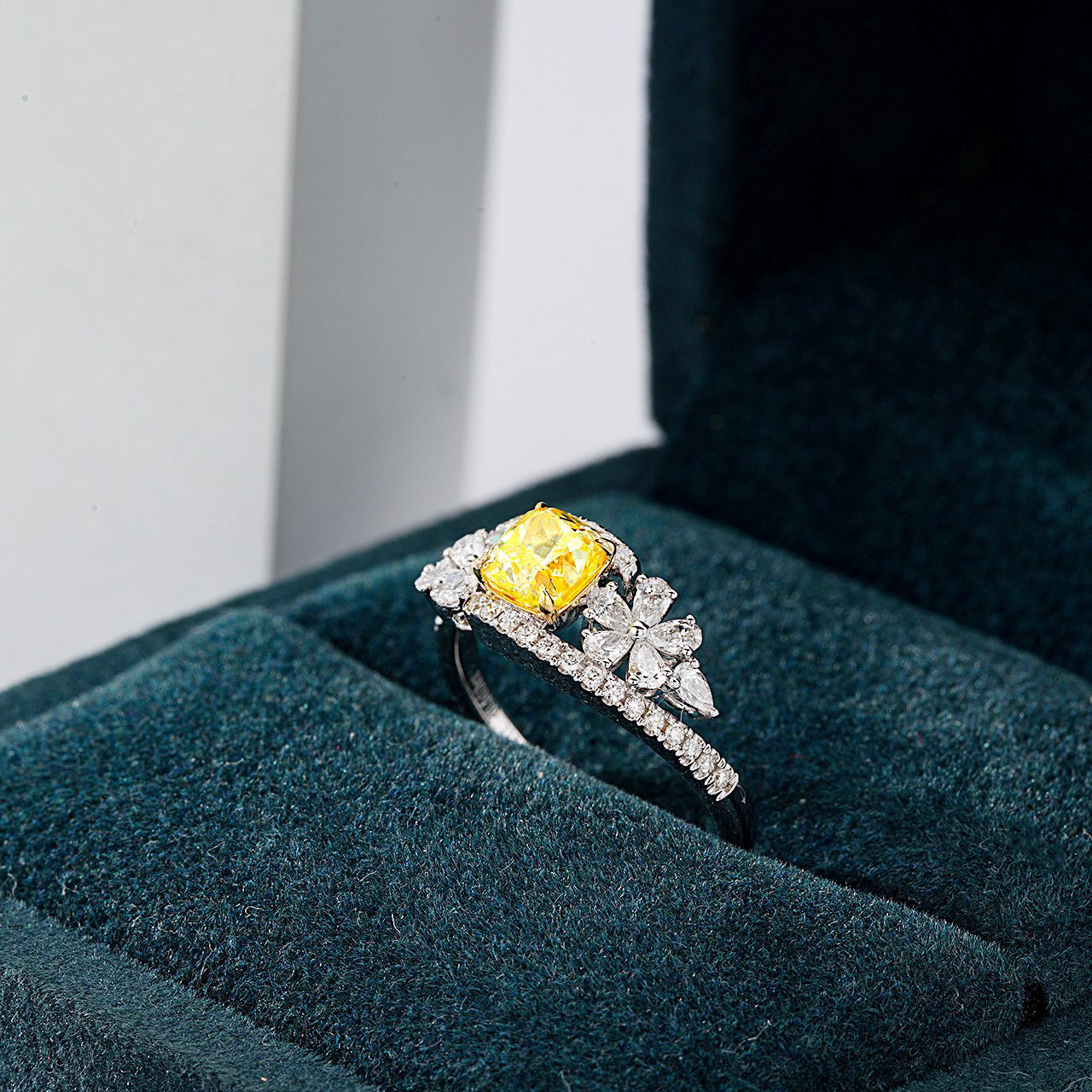 Nature Inspired Cushion Cut Yellow Diamond Ring with Floral Accents -In-Box Display