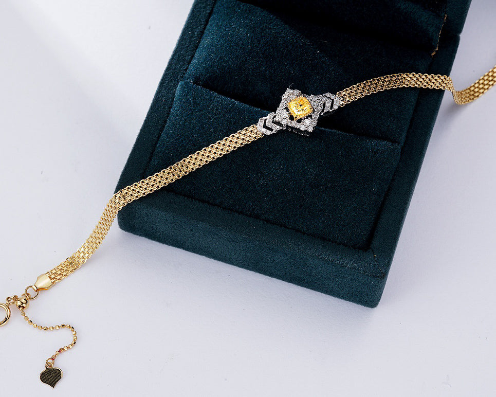 Cushion Cut Yellow Diamond Braided Bracelet in 18K Yellow Gold -Perspective Close-up