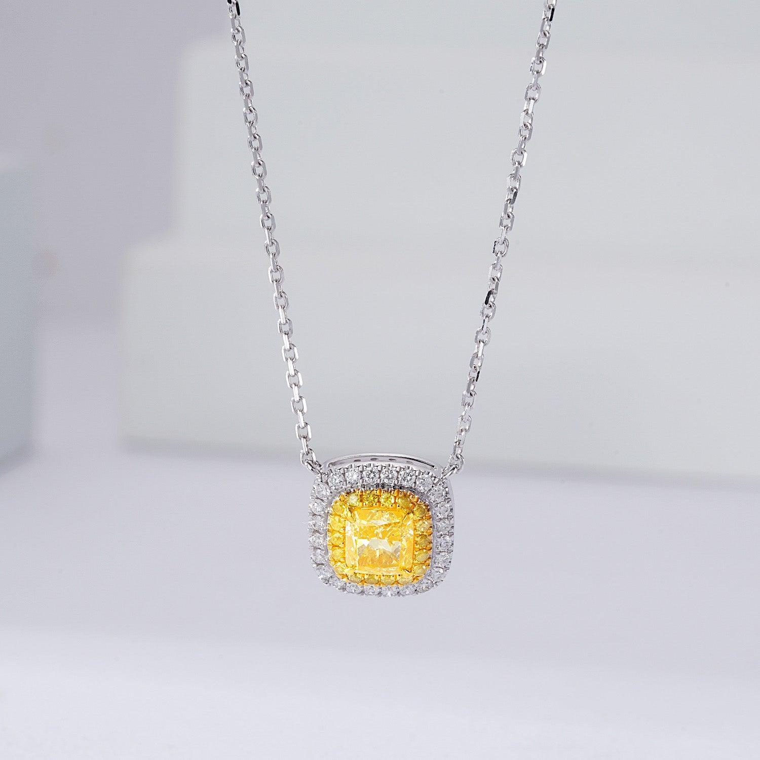 Cushion Cut Yellow Diamond Halo Pendant in 18K White Gold -Front View