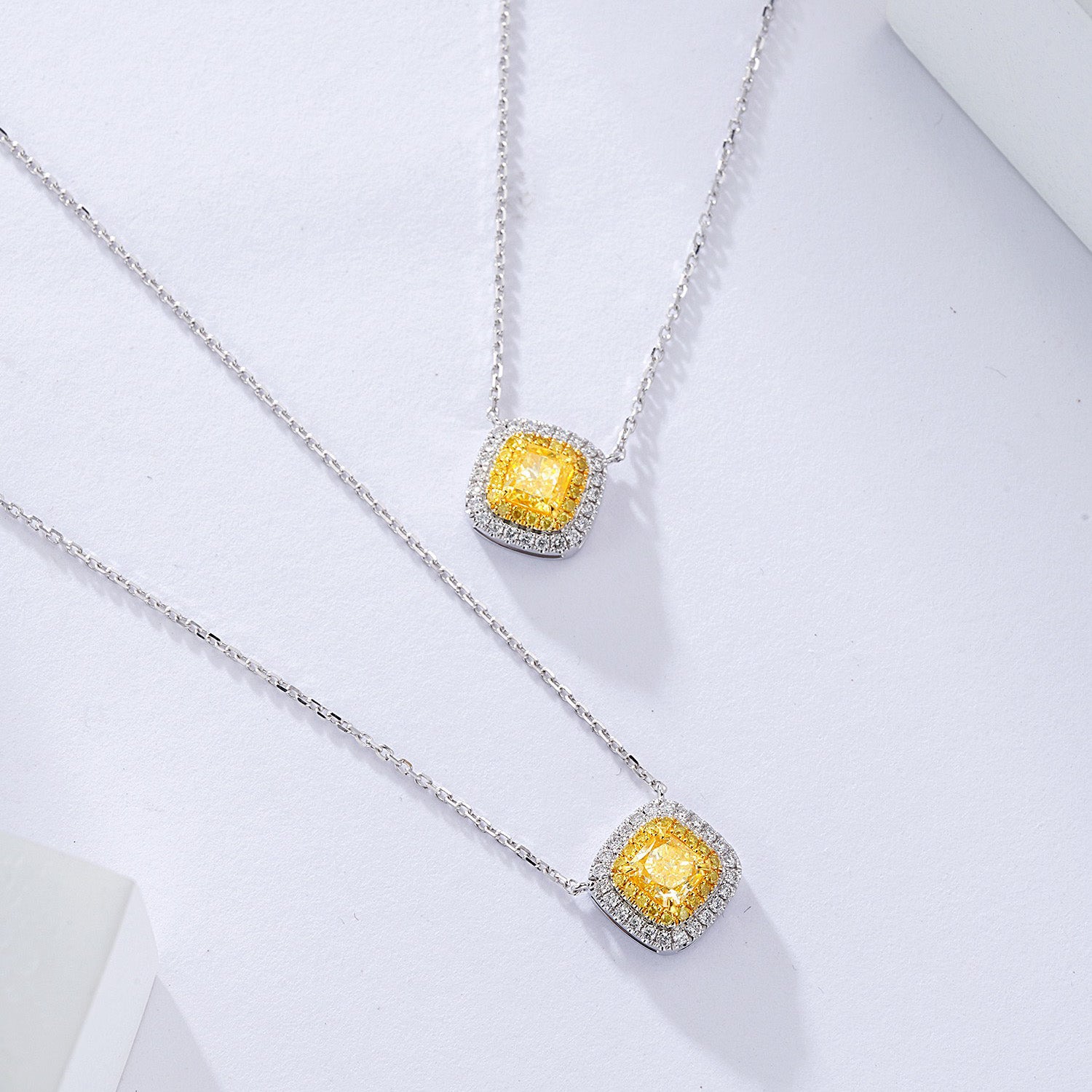 Cushion Cut Yellow Diamond Halo Pendant in 18K White Gold -Side Angle