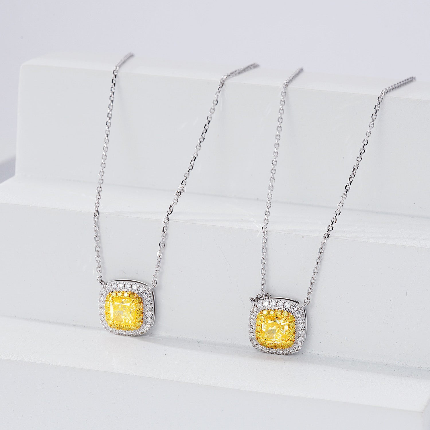 Cushion Cut Yellow Diamond Halo Pendant in 18K White Gold -Top View