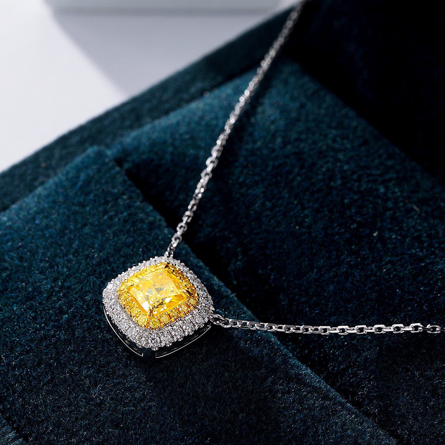 Cushion Cut Yellow Diamond Halo Pendant in 18K White Gold -In-Box Display