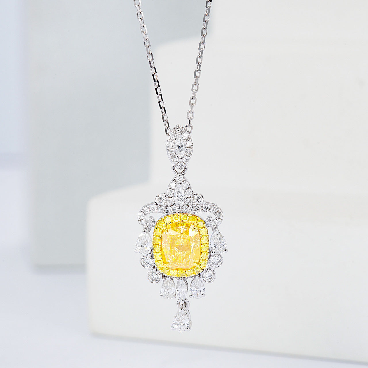 Cushion Cut Yellow Diamond Designer Pendant in 18K Yellow Gold -Front View