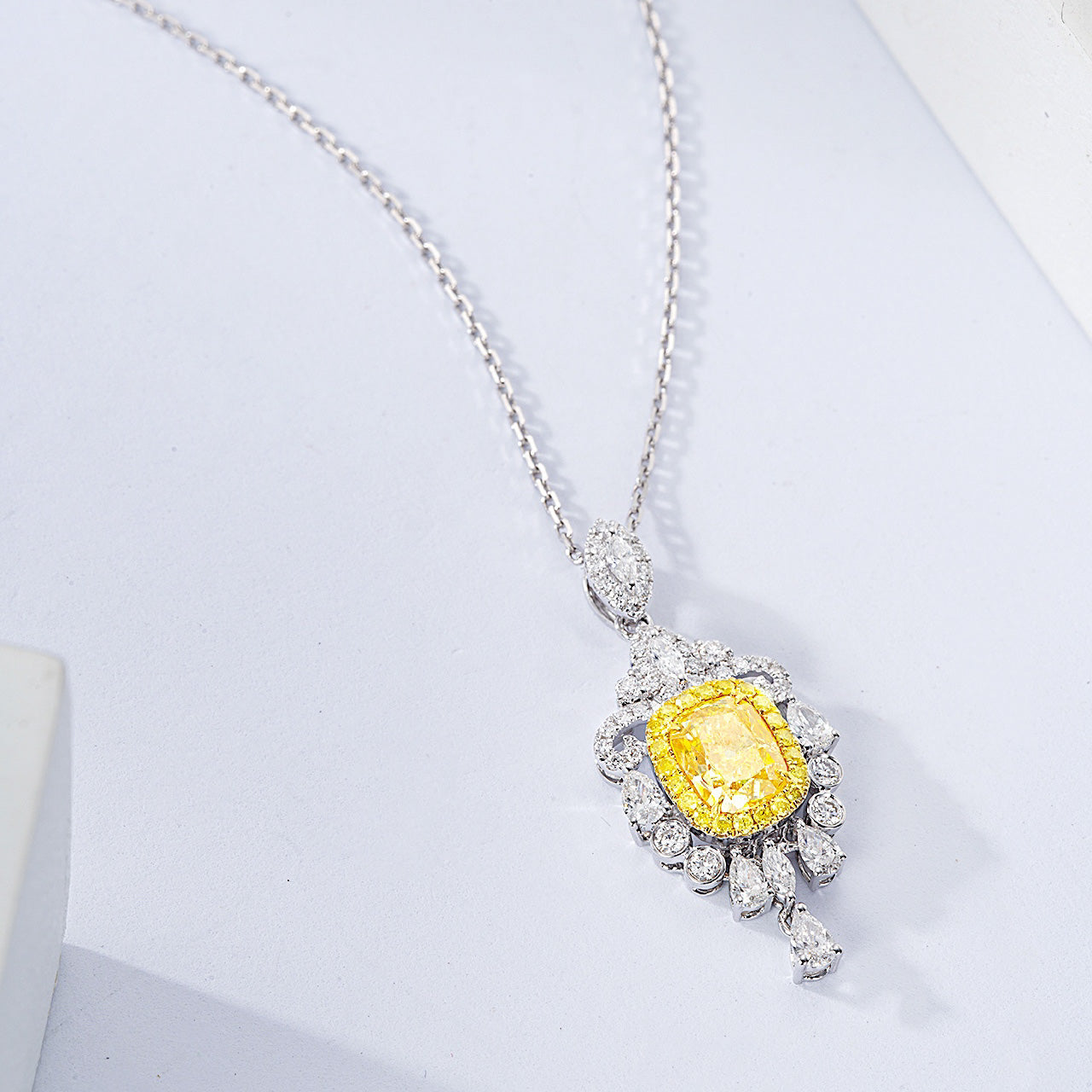 Cushion Cut Yellow Diamond Designer Pendant in 18K Yellow Gold -Top View