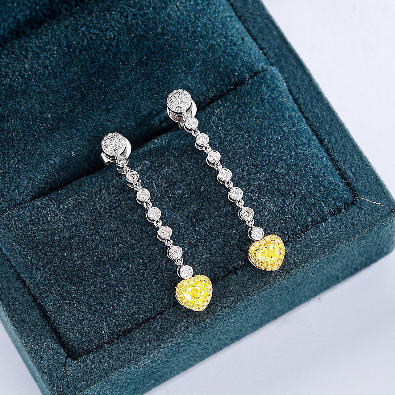 Heart Shaped Yellow Diamond Journey Earrings in White Gold -In-Box Display