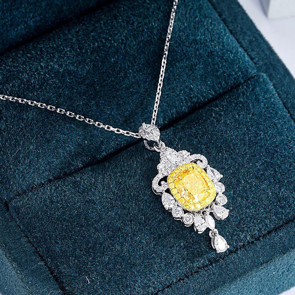 Cushion Cut Yellow Diamond Designer Pendant in 18K Yellow Gold -Perspective Close-up