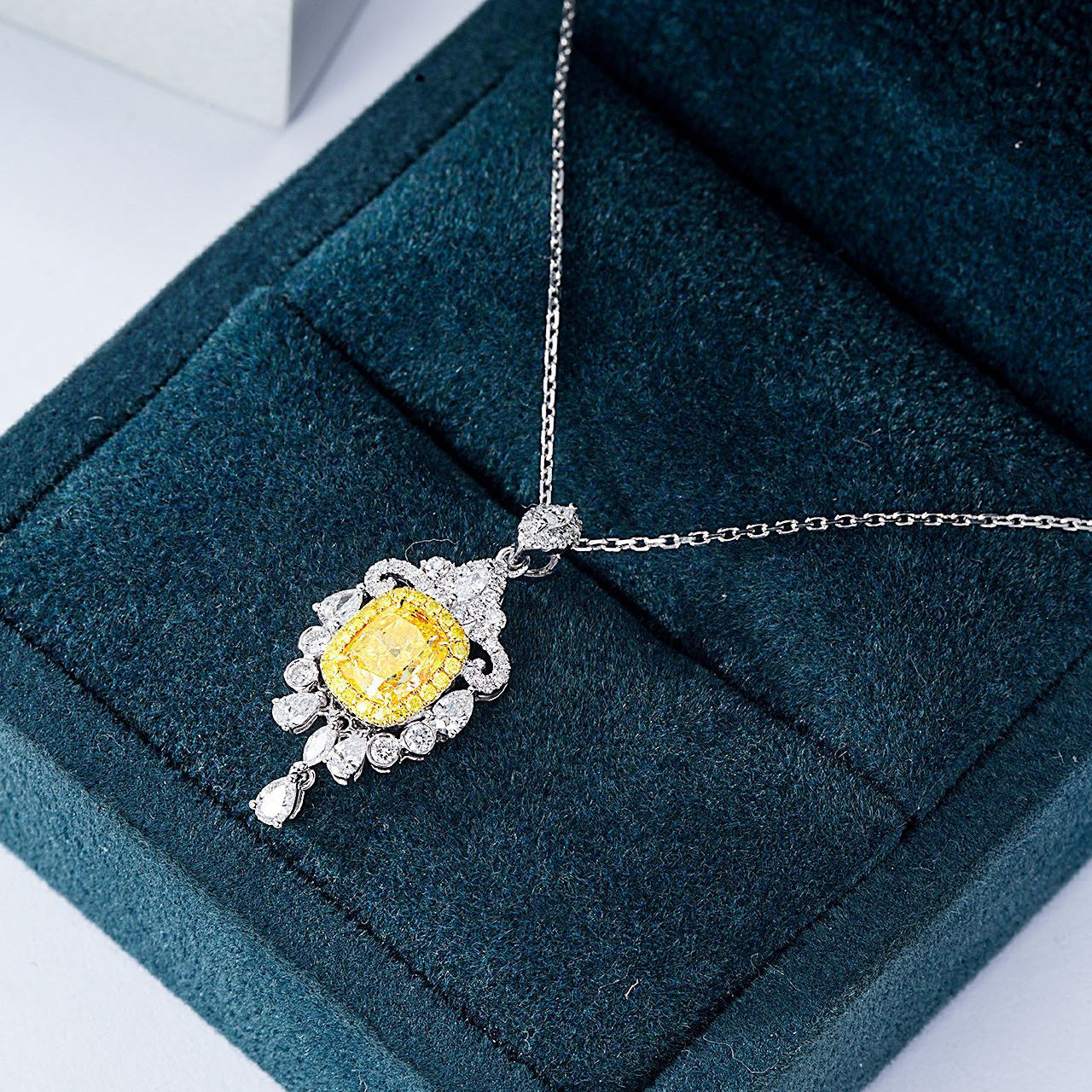 Cushion Cut Yellow Diamond Designer Pendant in 18K Yellow Gold -In-Box Display