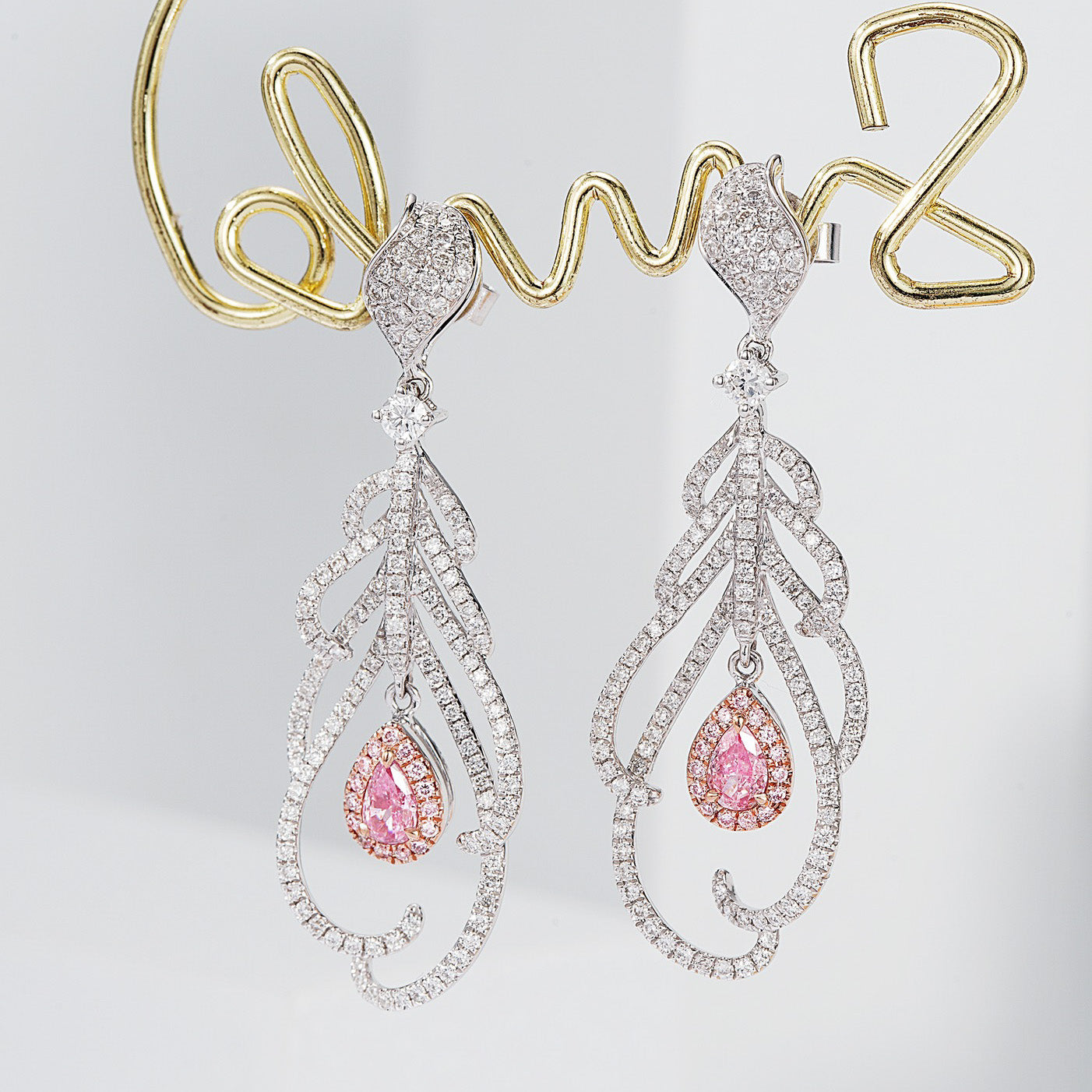 Feather Full Pavé Pink Diamond Drop Earrings in 18K White Gold -Front View