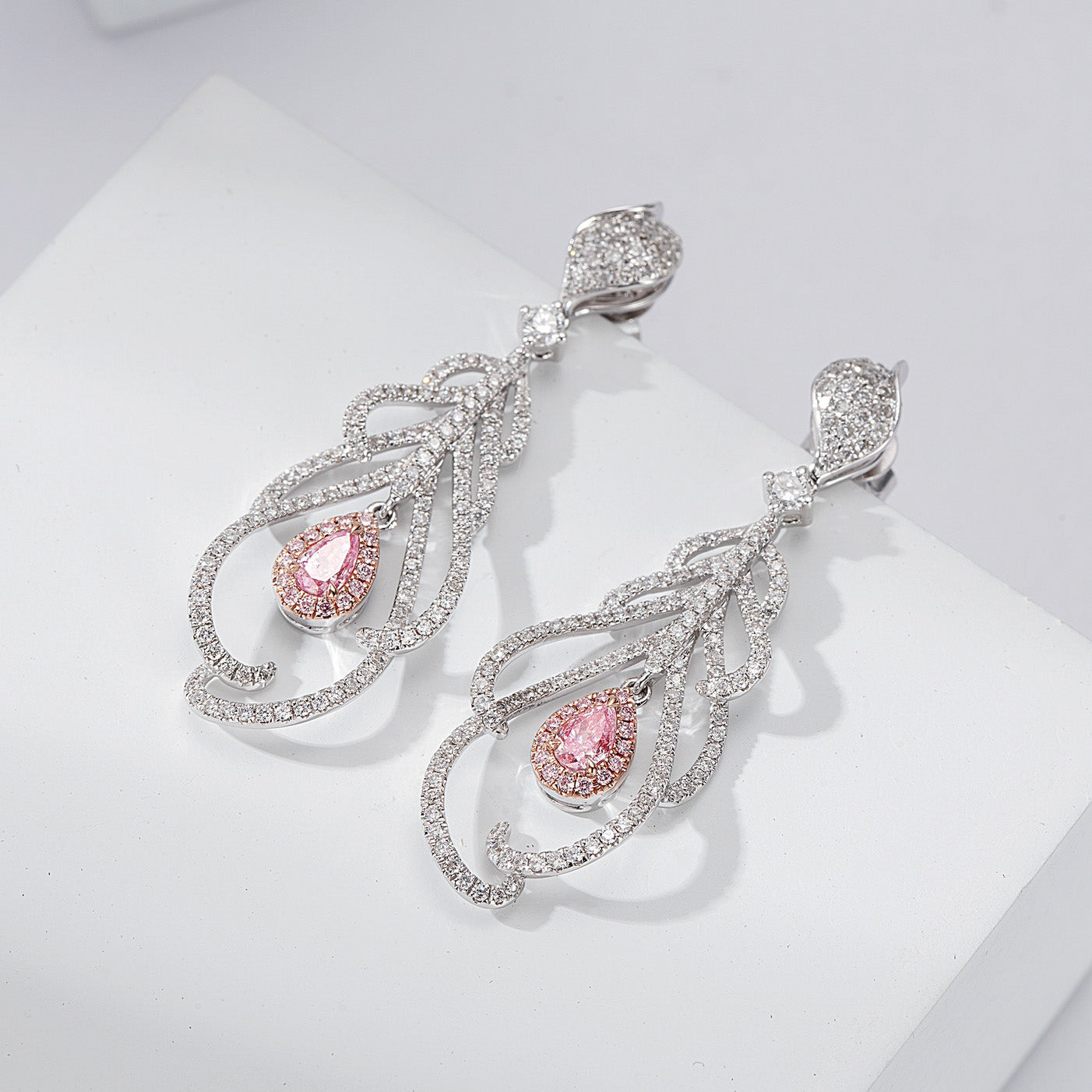 Feather Full Pavé Pink Diamond Drop Earrings in 18K White Gold -Side Angle