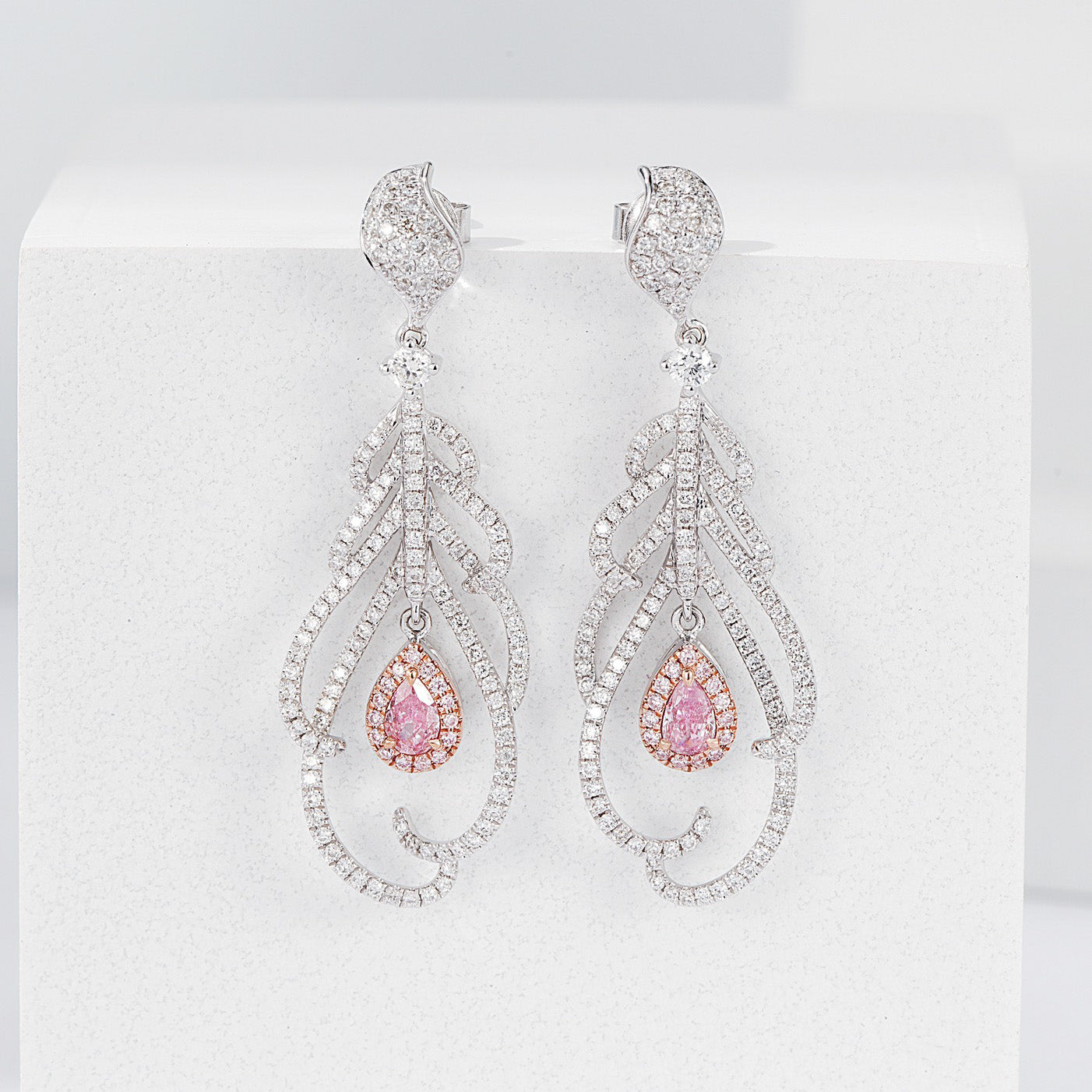 Feather Full Pavé Pink Diamond Drop Earrings in 18K White Gold -Top View