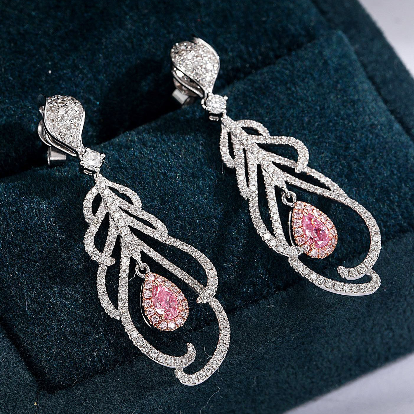 Feather Full Pavé Pink Diamond Drop Earrings in 18K White Gold -Perspective Close-up