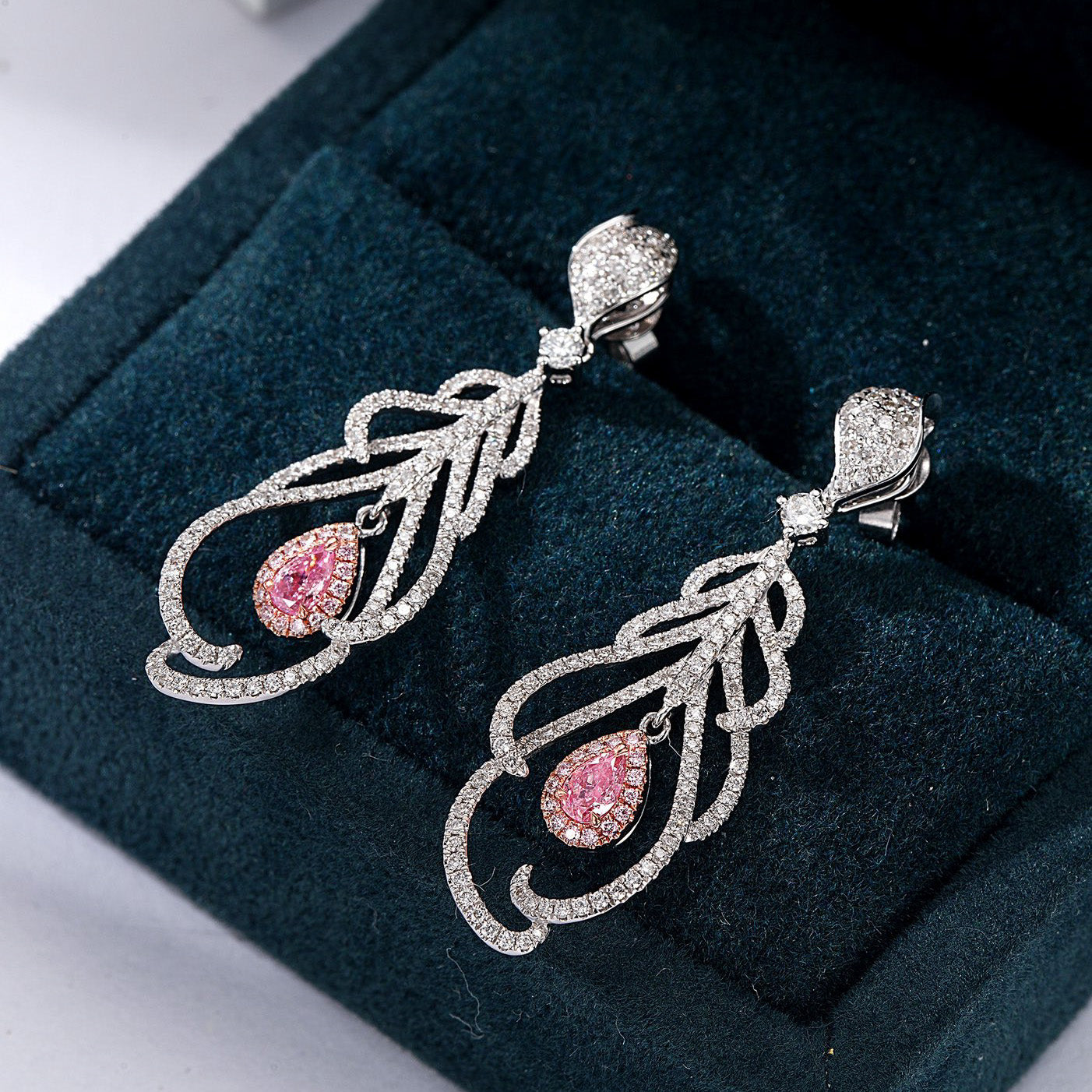 Feather Full Pavé Pink Diamond Drop Earrings in 18K White Gold -In-Box Display