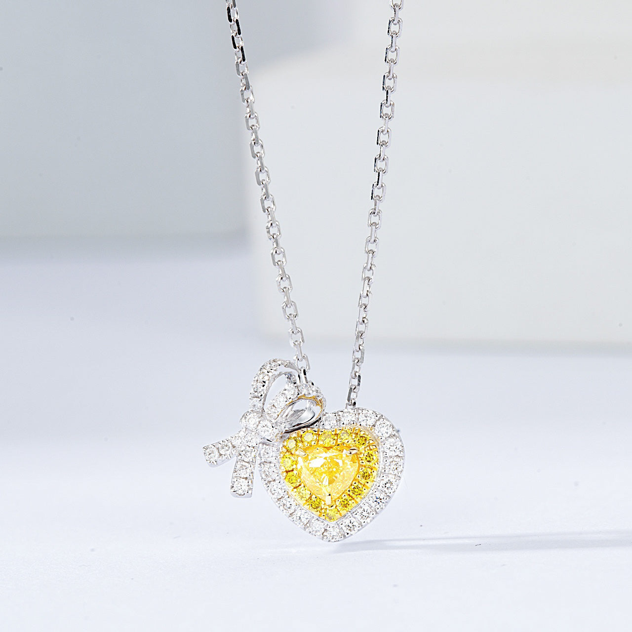 Heart Shaped Yellow Diamond Pendant in 18K White Gold -Front View