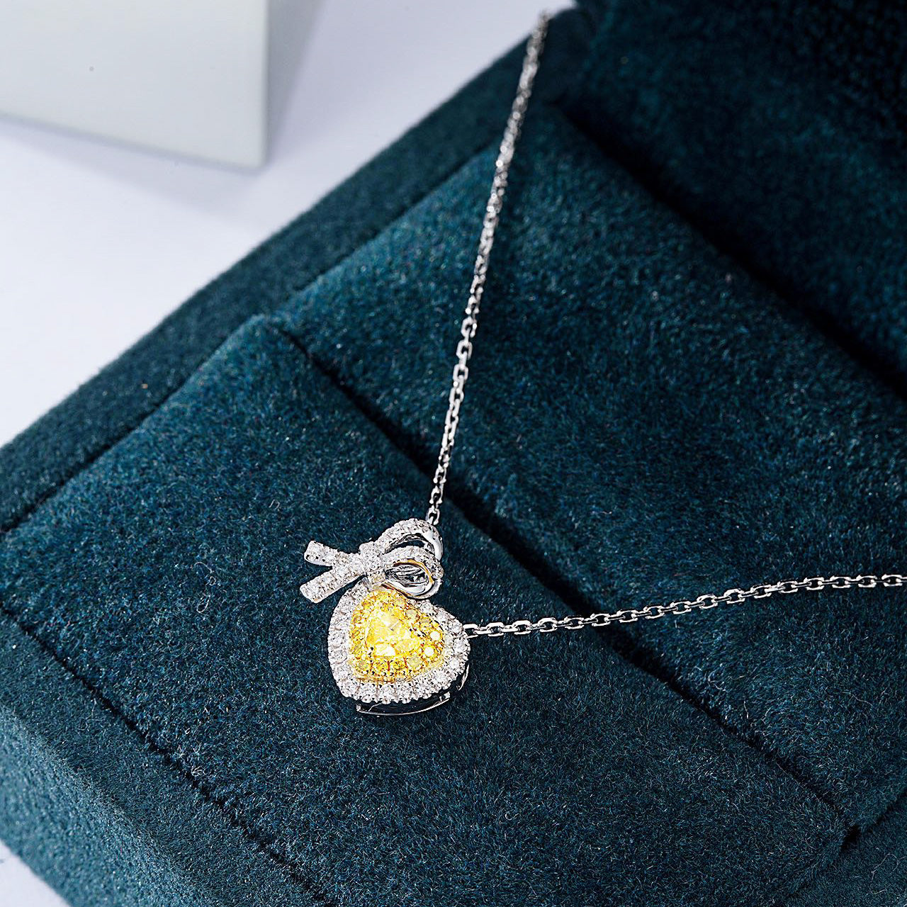 Heart Shaped Yellow Diamond Pendant in 18K White Gold -In-Box Display