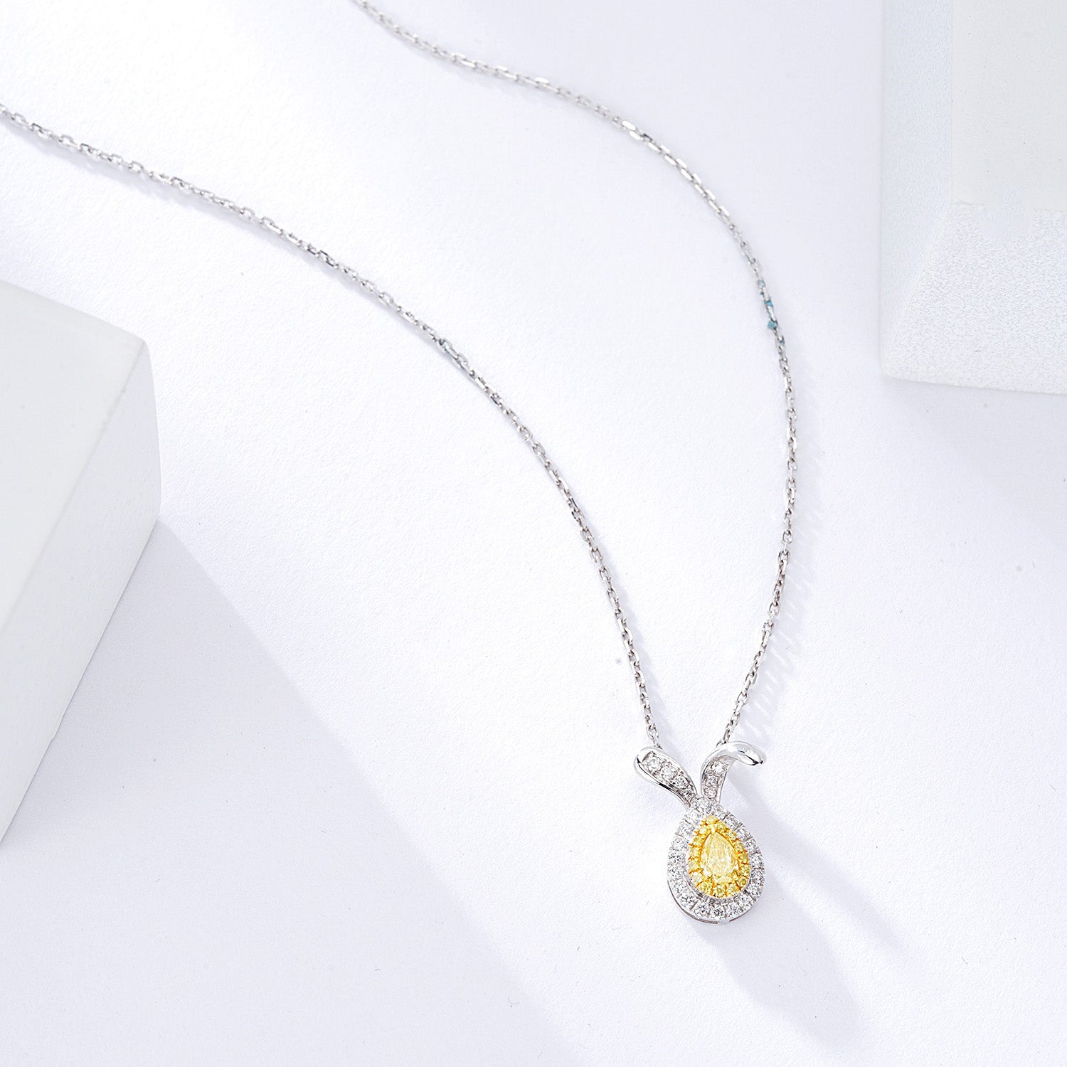 Pear Shaped Yellow Diamond Bunny Pendant -Perspective Close-up