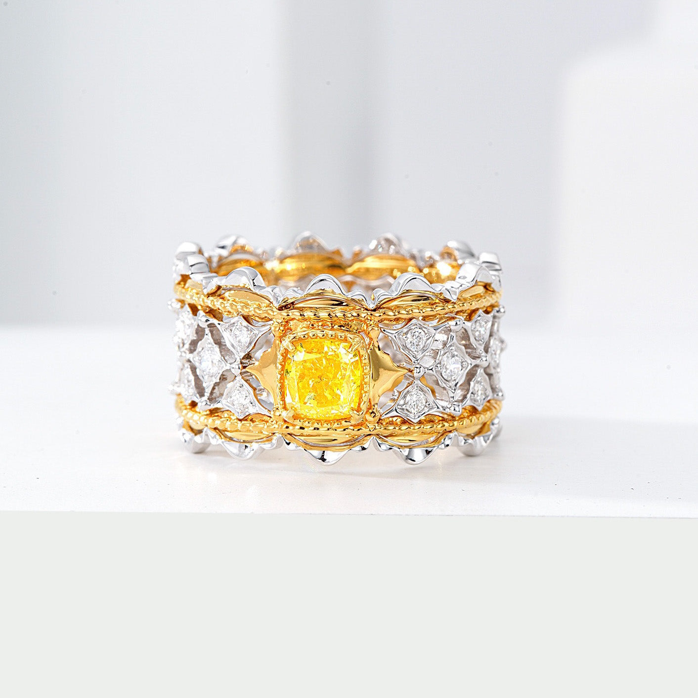 Vintage Italian Craft Cushion Cut Yellow Diamond Wide Band Ring in 18K Gold -Front View