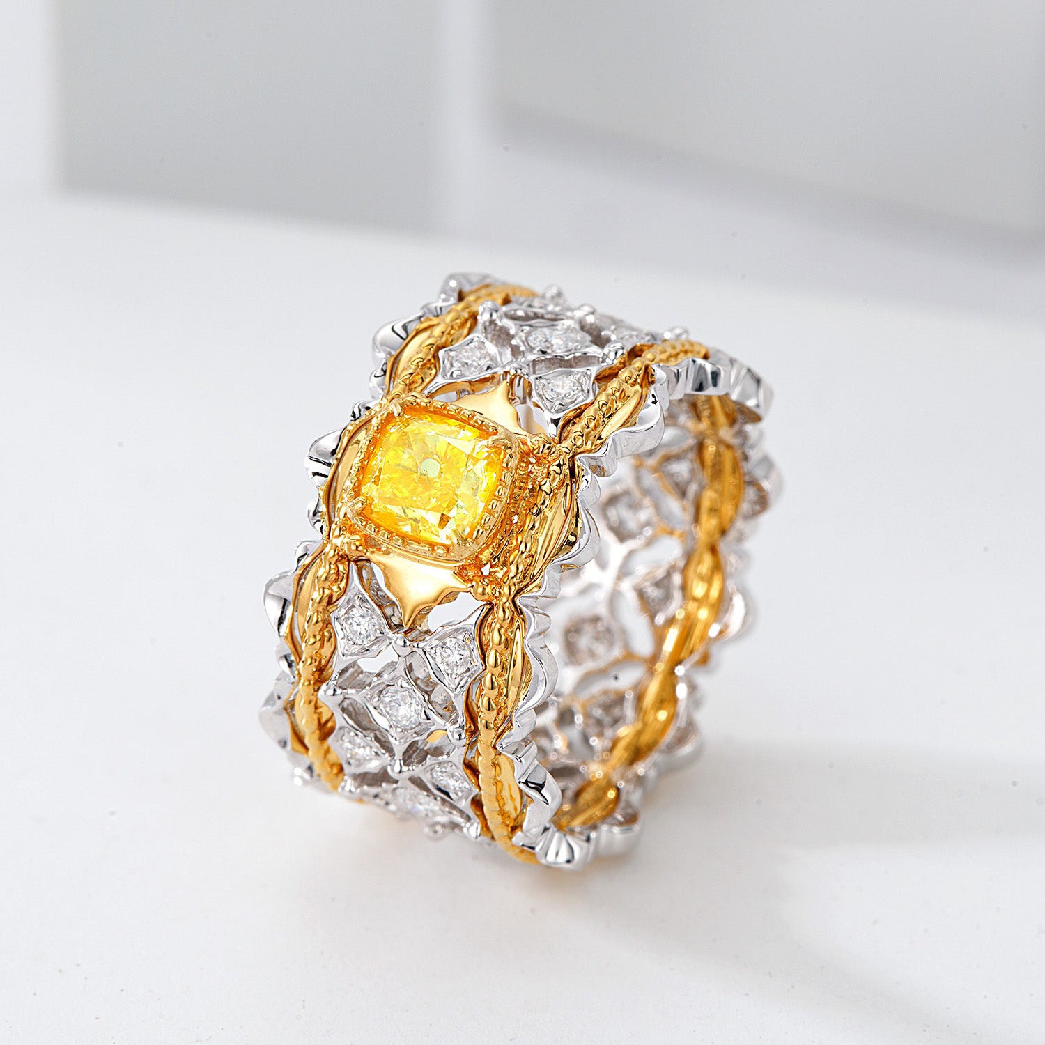 Vintage Italian Craft Cushion Cut Yellow Diamond Wide Band Ring in 18K Gold -Side Angle