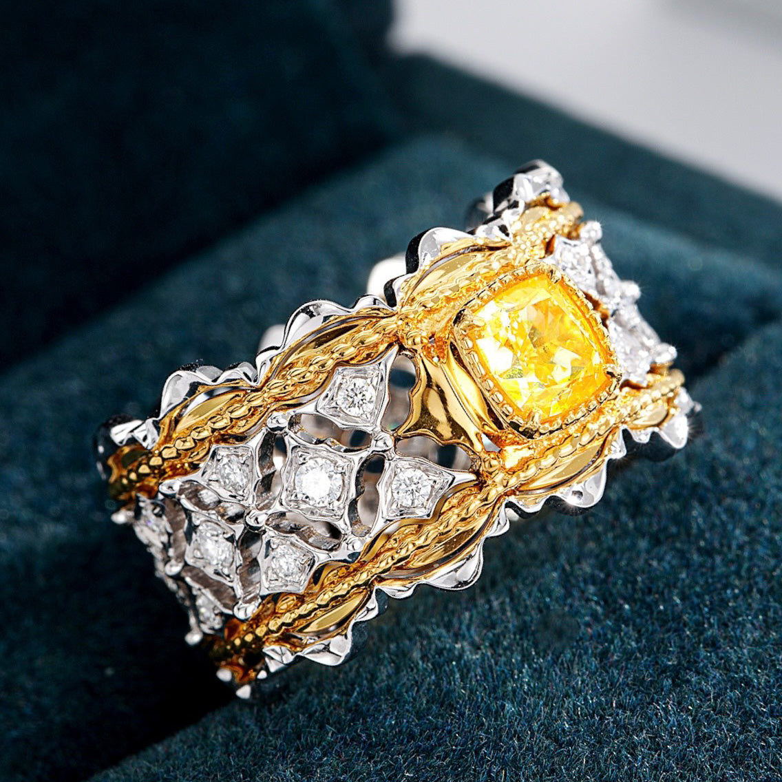 Vintage Italian Craft Cushion Cut Yellow Diamond Wide Band Ring in 18K Gold -Perspective Close-up