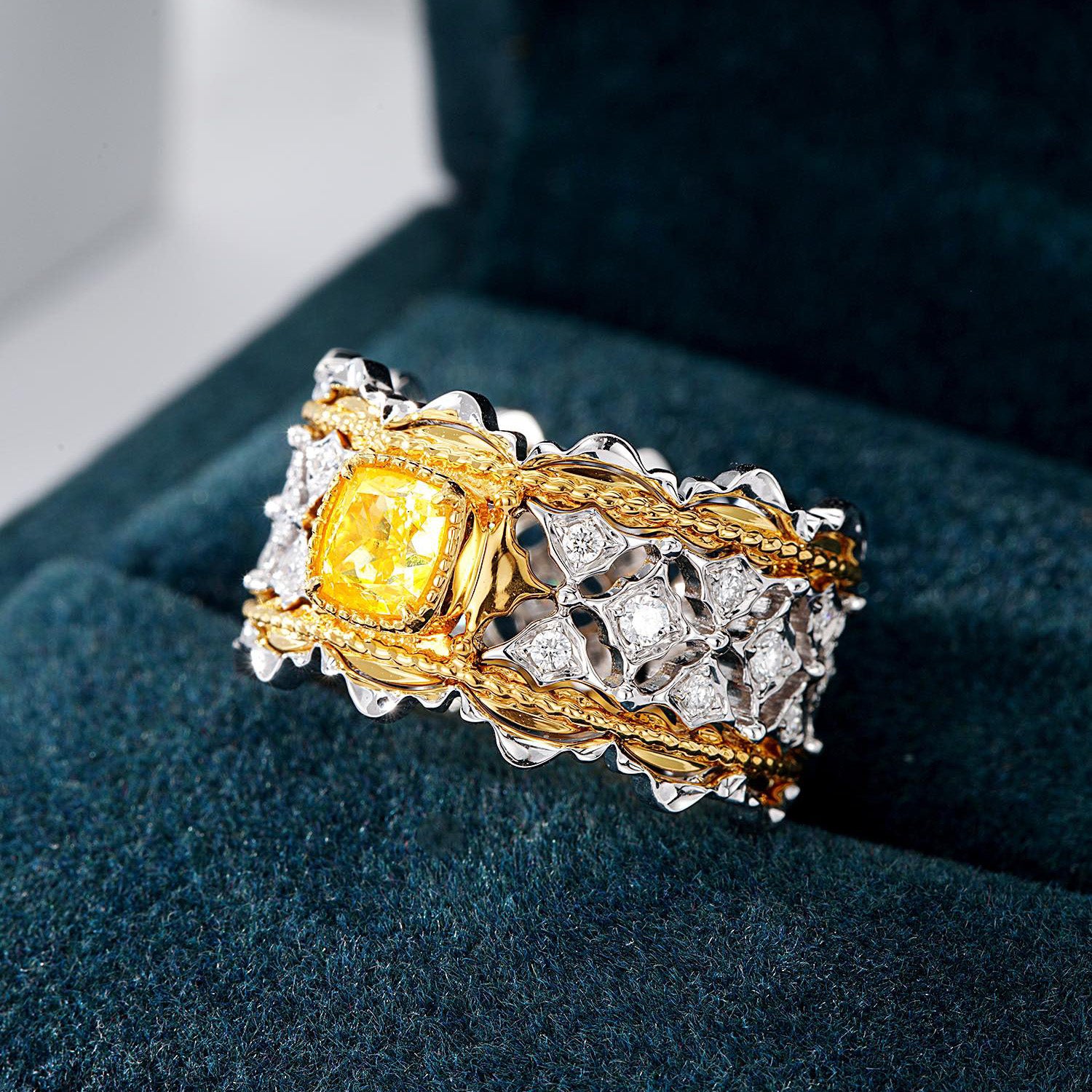 Vintage Italian Craft Cushion Cut Yellow Diamond Wide Band Ring in 18K Gold -In-Box Display