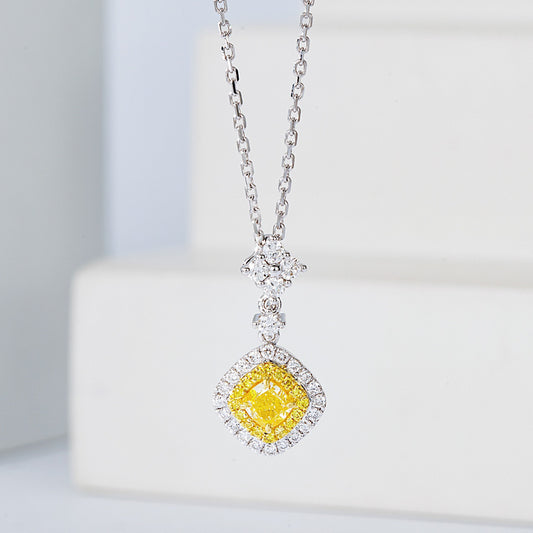 Cushion Cut Yellow Diamond Halo Pendant in 18K White Gold