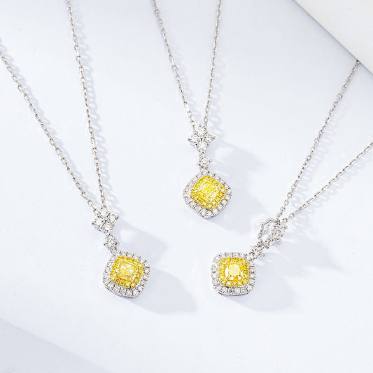 Cushion Cut Yellow Diamond Halo Pendant in 18K White Gold