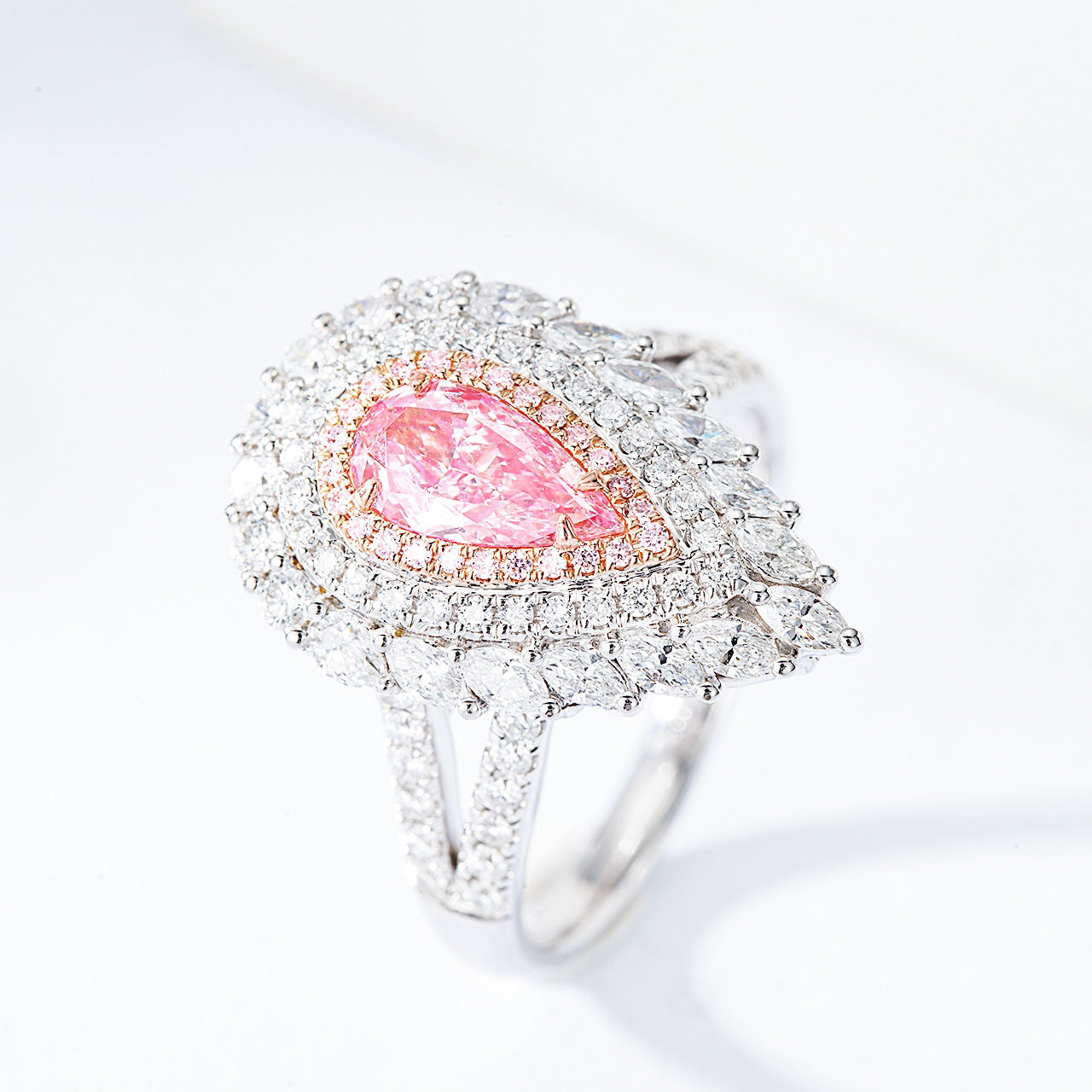 Pear Shaped Pink Diamond Ring with Double Halo and Marquise Accents -Side Angle