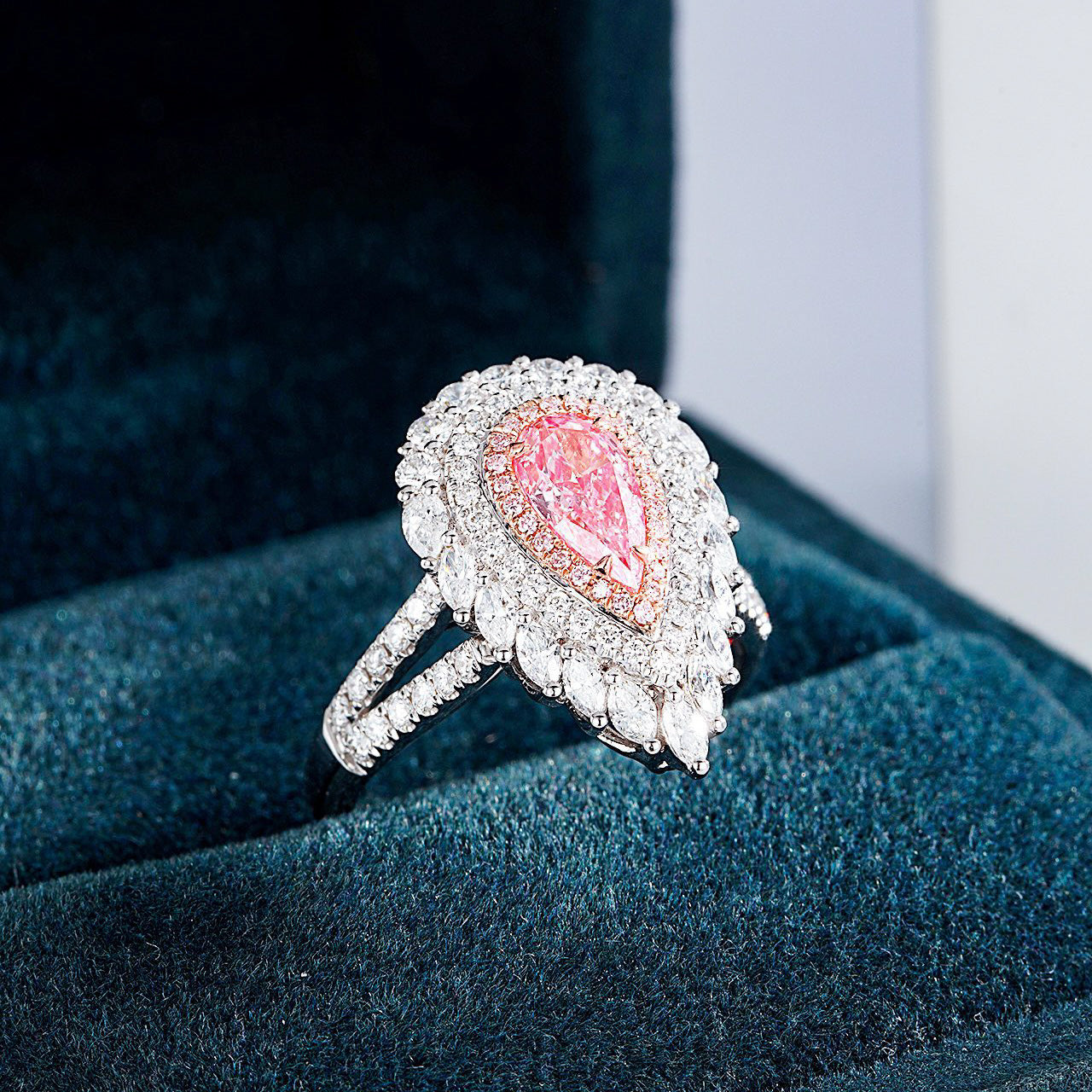 Pear Shaped Pink Diamond Ring with Double Halo and Marquise Accents -Perspective Close-up