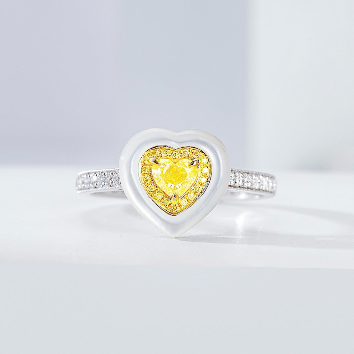 Heart Shaped Yellow Diamond Ring with White Mother of Pearl Accent -Front View