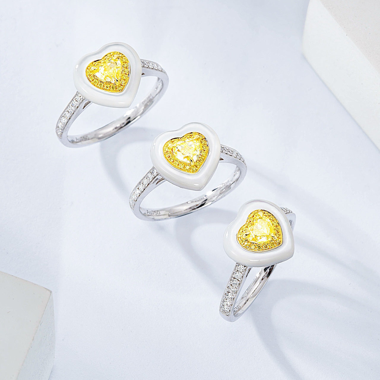 Heart Shaped Yellow Diamond Ring with White Mother of Pearl Accent -Side Angle