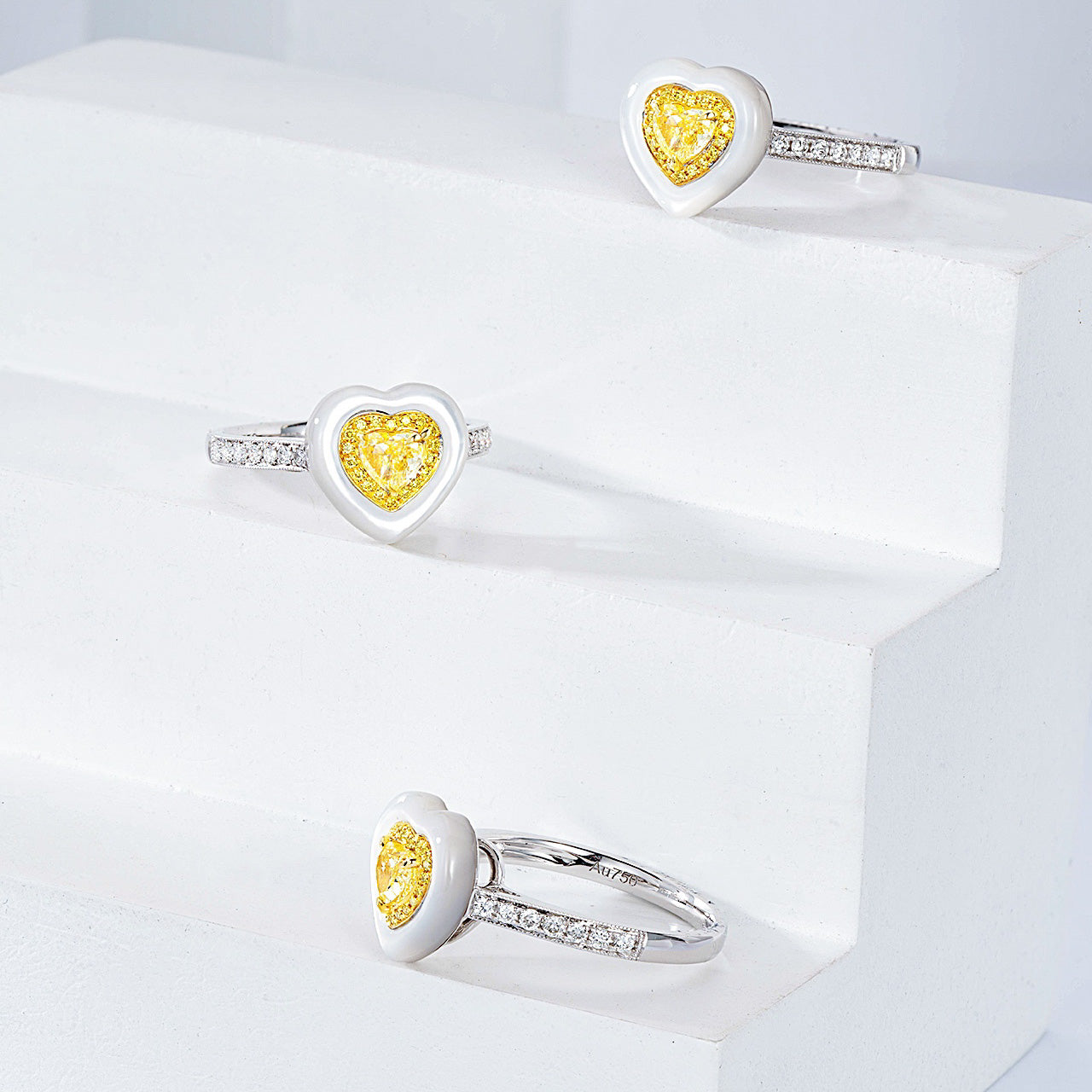 Heart Shaped Yellow Diamond Ring with White Mother of Pearl Accent -Top View