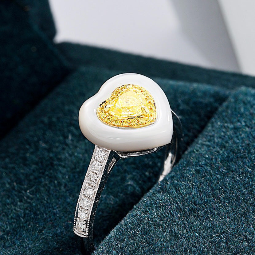 Heart Shaped Yellow Diamond Ring with White Mother of Pearl Accent -Perspective Close-up