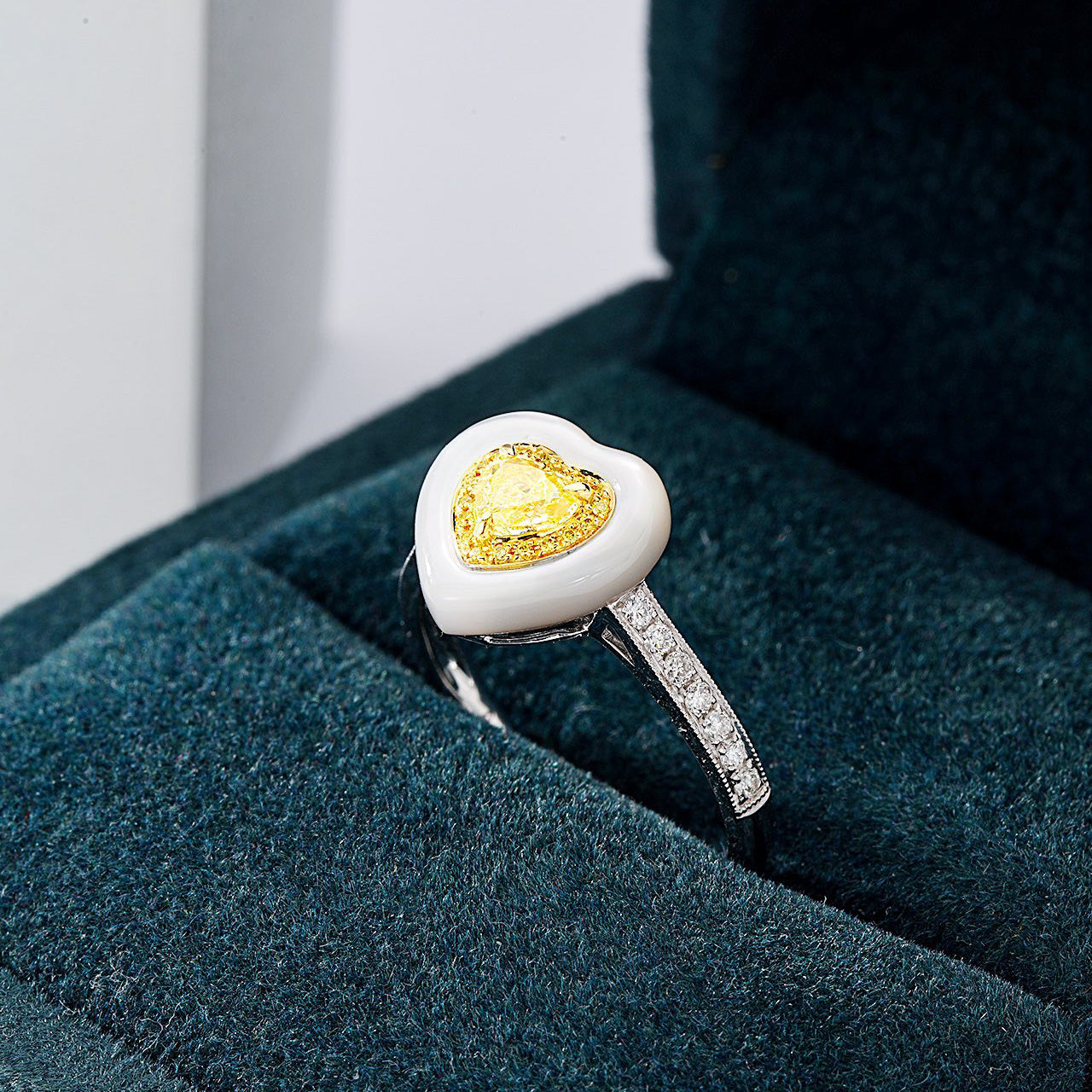 Heart Shaped Yellow Diamond Ring with White Mother of Pearl Accent -In-Box Display