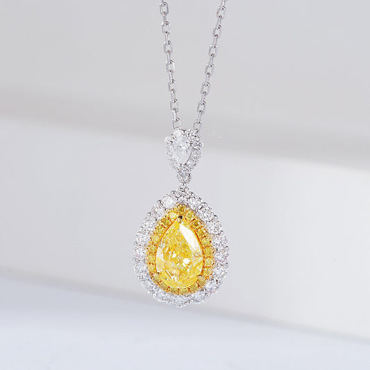 Pear Shaped Yellow Diamond Halo Pendant with Full Diamond Setting