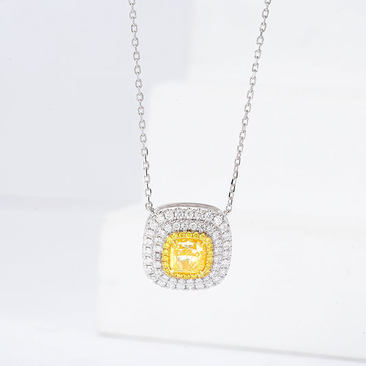 Cushion Cut Yellow Diamond Halo Pendant in 18K White Gold