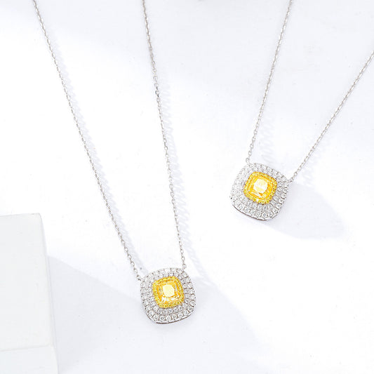 Cushion Cut Yellow Diamond Halo Pendant in 18K White Gold